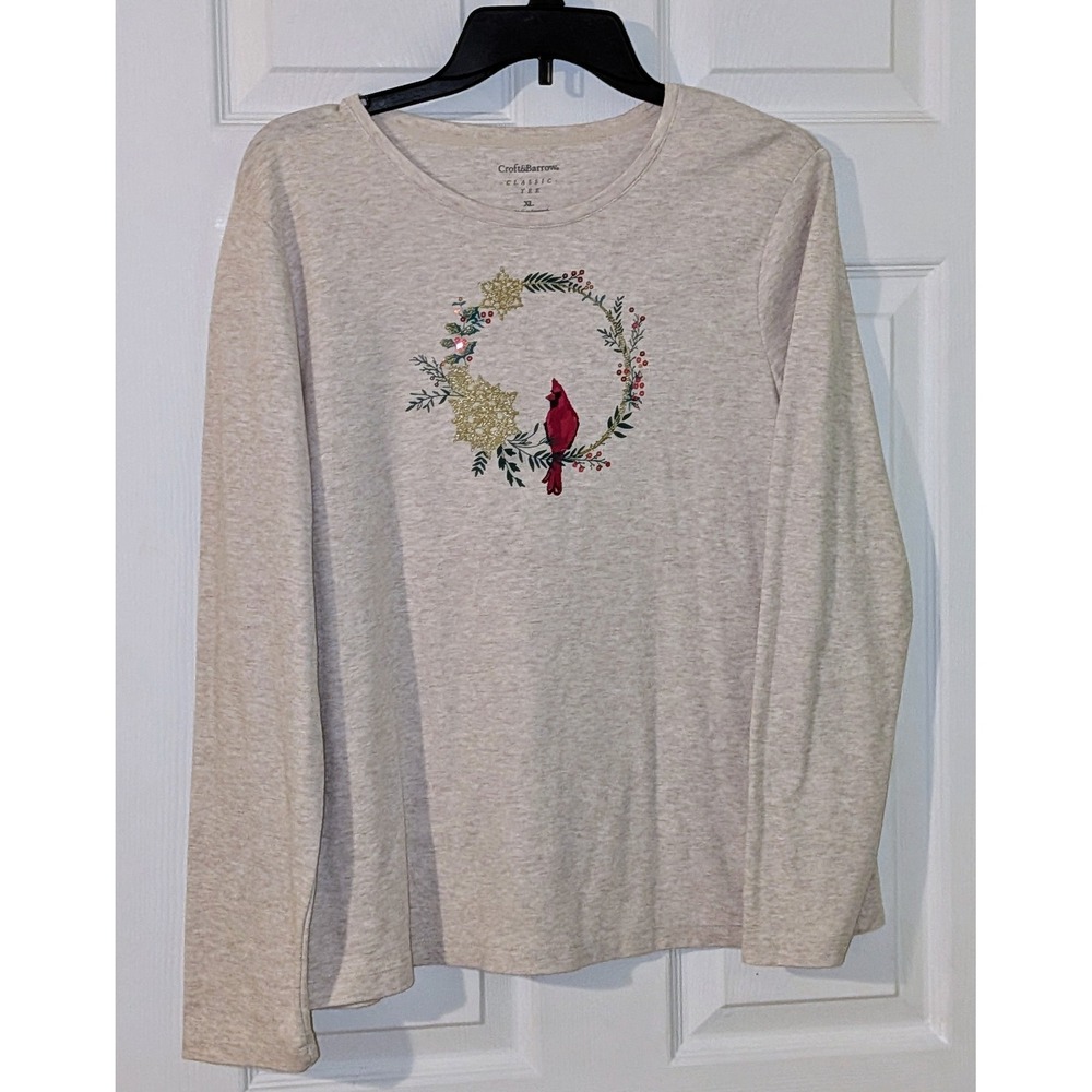 Croft & Barrow Classic Tee XL Cardinal Wreath Embroidered Top Holiday NWOT